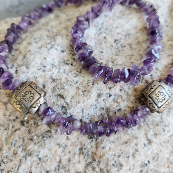 Amethyst Chip Silver Aztec Station Necklace - Picture 8 of 8